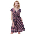 Belle Poque Retro Vintage Grid Pattern Cap Sleeve V-Neck 50s Swing Party Dress BP000281-1